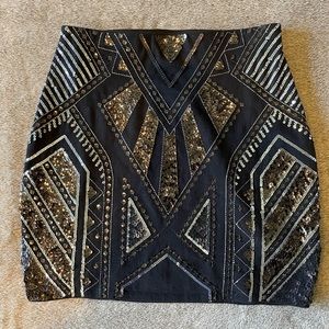 Express Art-Deco Black & Silver Sequin Bodycon Mini Skirt Size XXS